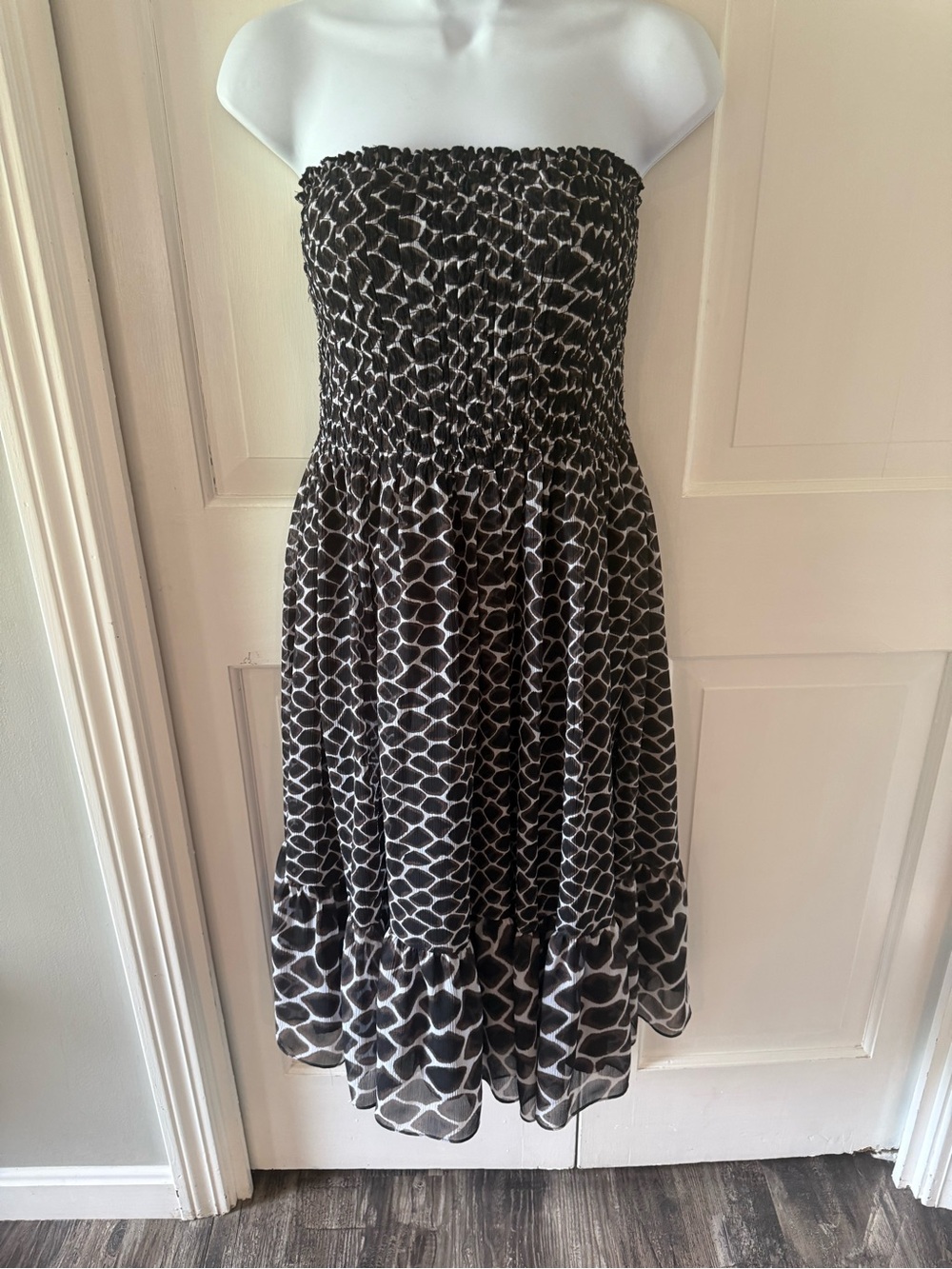 White House Black Market Strapless Black & White Animal-Print Smocked Dress